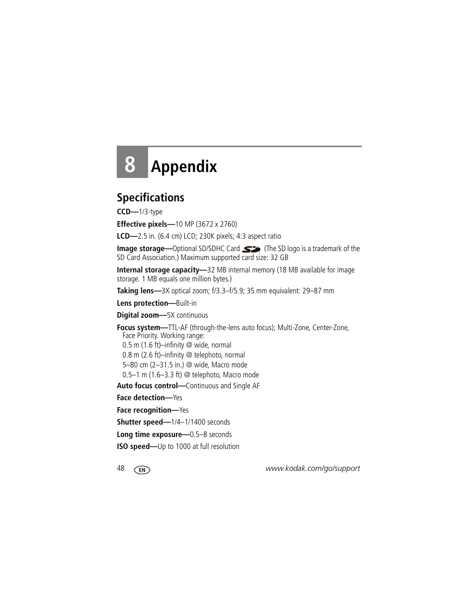 Appendix, Specifications, 8 appendix | Kodak MINI M200 User Manual | Page 54 / 69