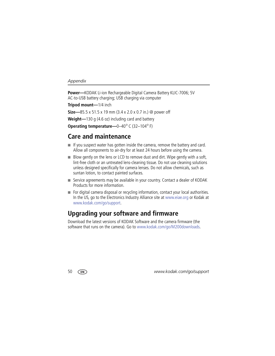 Care and maintenance, Upgrading your software and firmware, The lens | Kodak MINI M200 User Manual | Page 56 / 69
