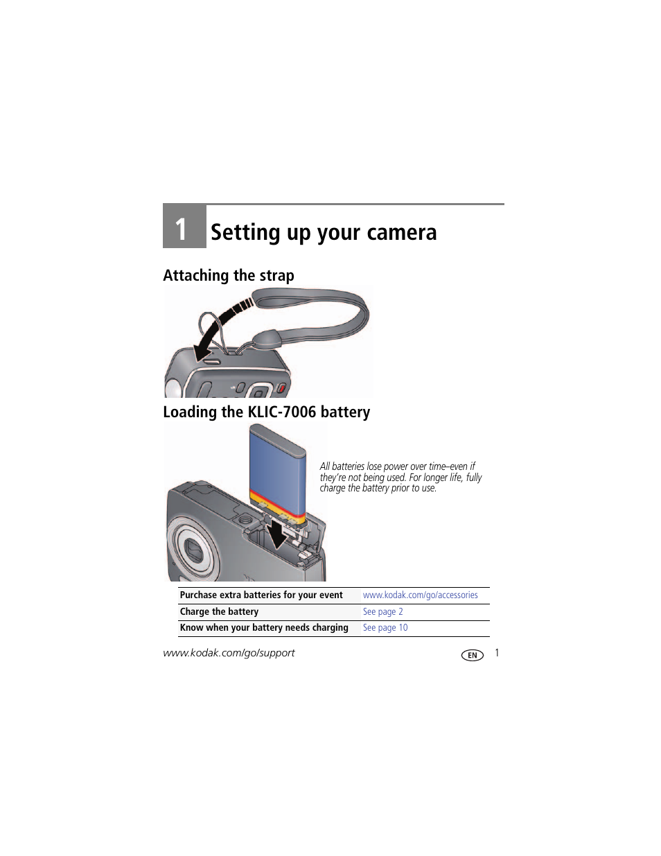 Setting up your camera, Attaching the strap, Loading the klic-7006 battery | 1 setting up your camera, Attaching the strap loading the klic-7006 battery | Kodak MINI M200 User Manual | Page 7 / 69