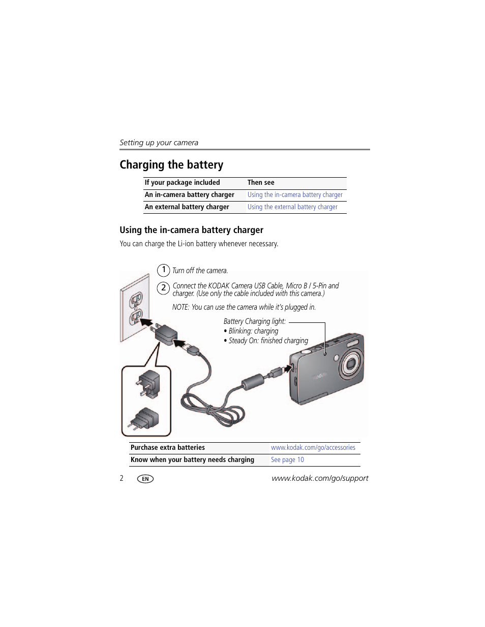 Charging the battery, Using the in-camera battery charger | Kodak MINI M200 User Manual | Page 8 / 69