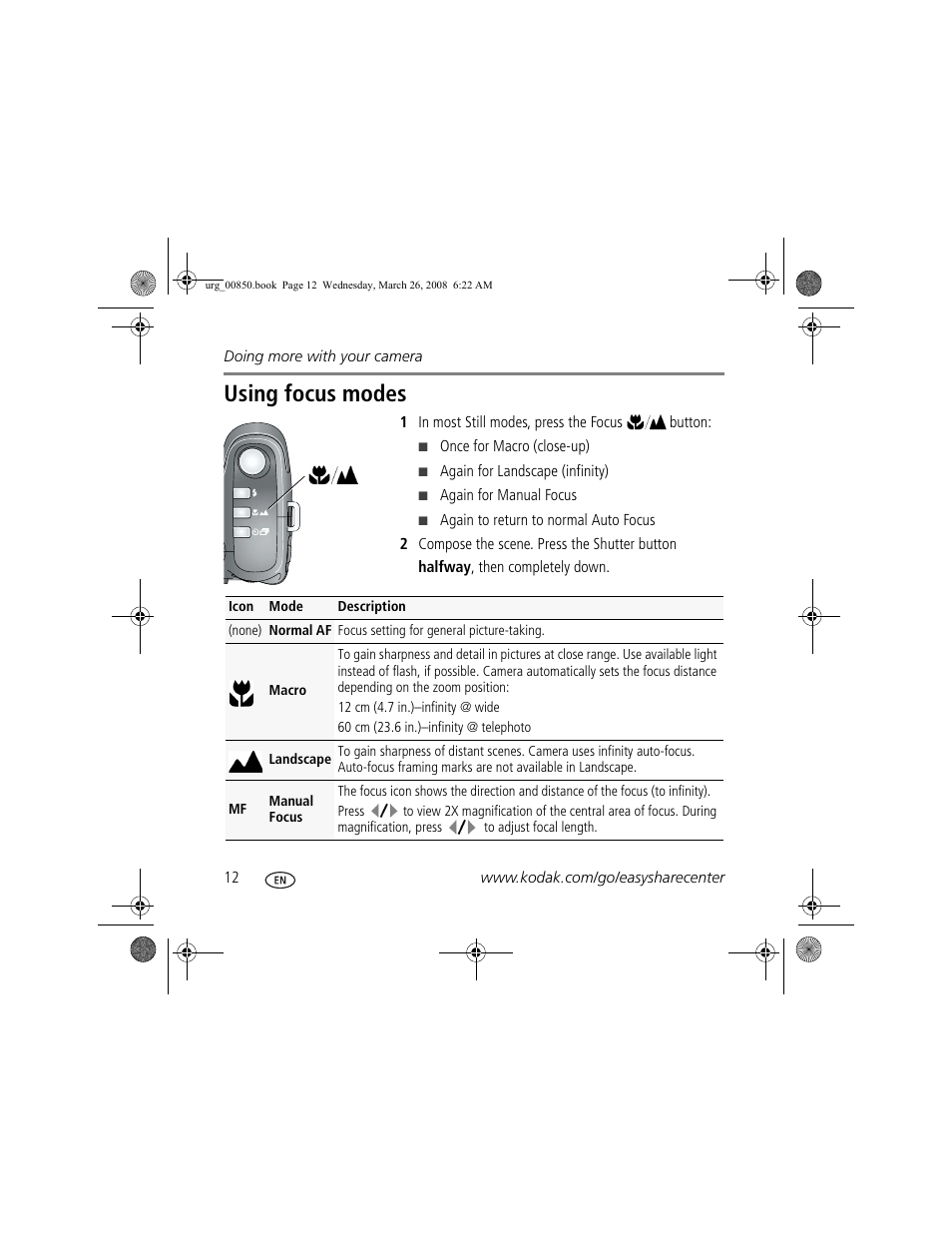 Using focus modes | Kodak Z1012 IS User Manual | Page 12 / 28
