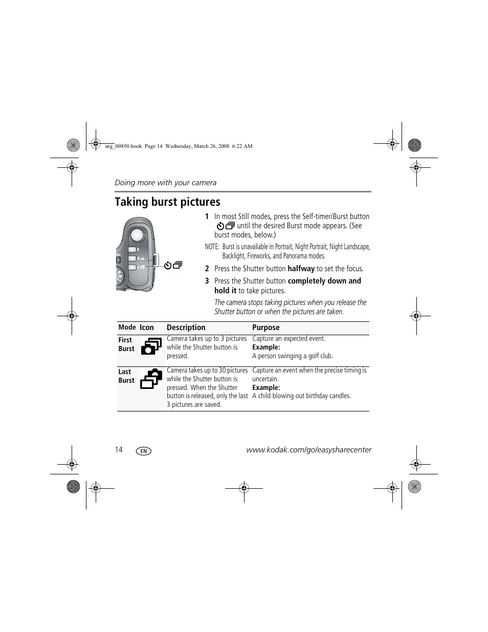 Taking burst pictures | Kodak Z1012 IS User Manual | Page 14 / 28