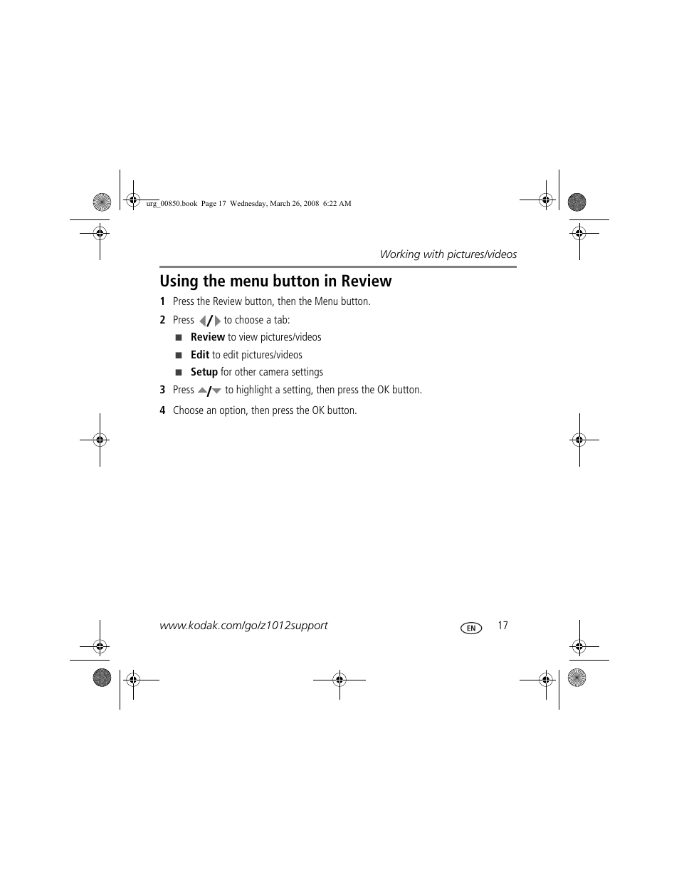 Using the menu button in review | Kodak Z1012 IS User Manual | Page 17 / 28