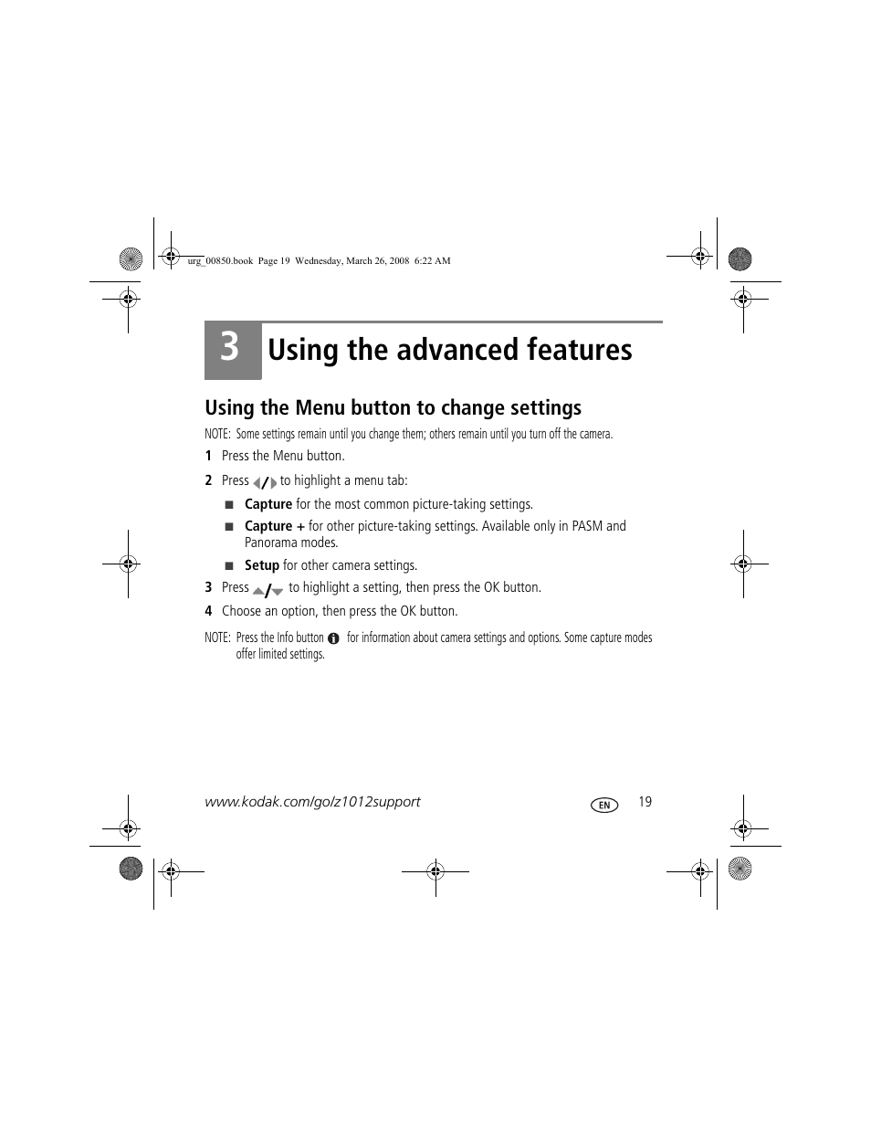 Using the advanced features, Using the menu button to change settings | Kodak Z1012 IS User Manual | Page 19 / 28