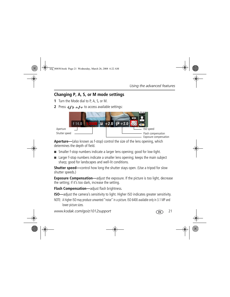 Changing p, a, s, or m mode settings | Kodak Z1012 IS User Manual | Page 21 / 28