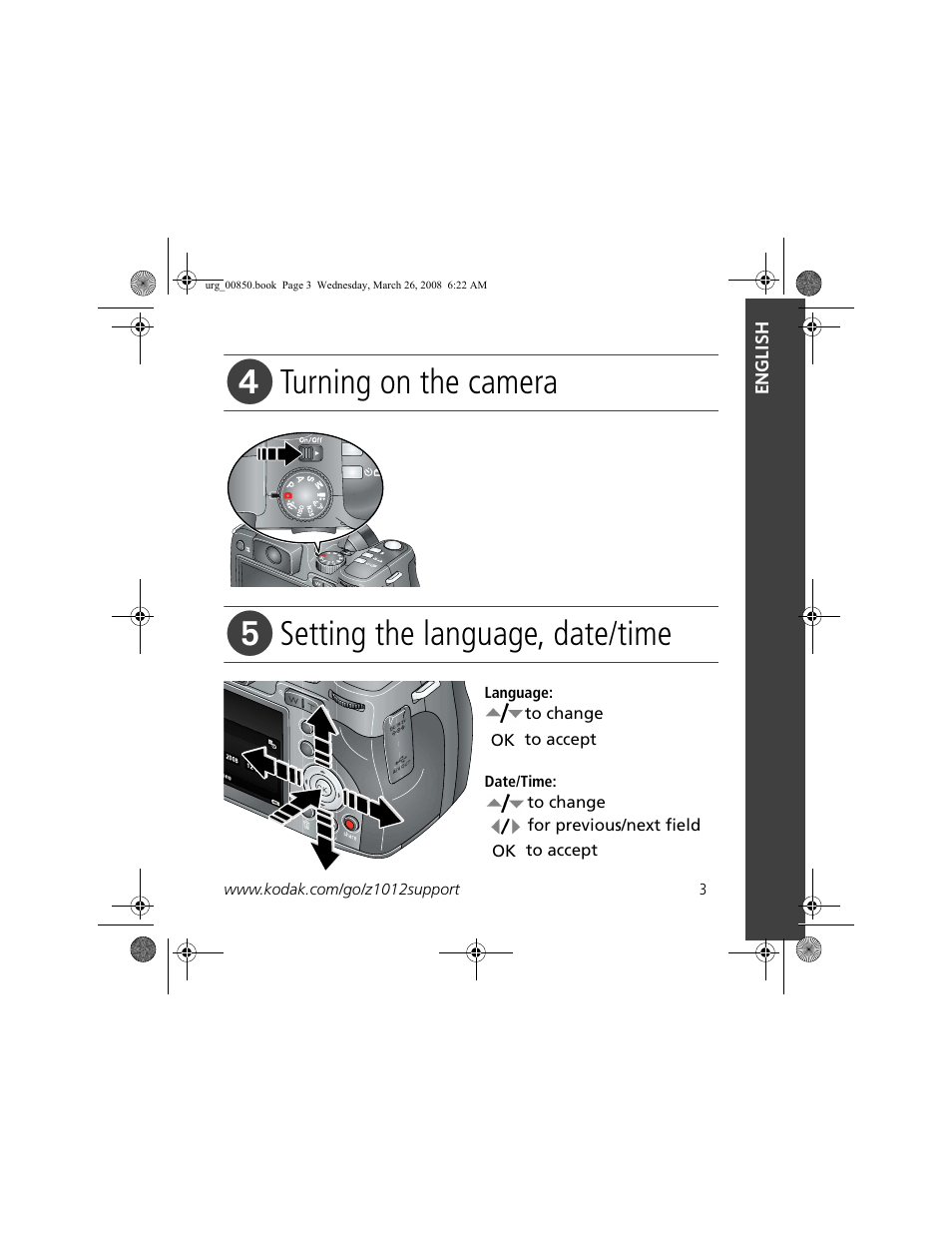 Turning on the camera, Setting the language, date/time | Kodak Z1012 IS User Manual | Page 3 / 28