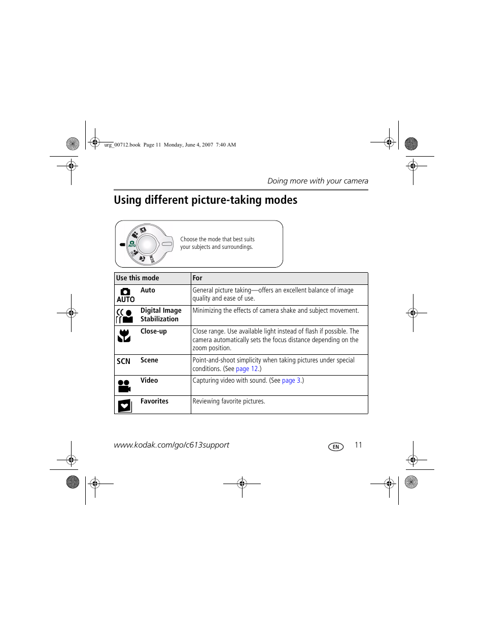 Using different picture-taking modes | Kodak C613 User Manual | Page 11 / 27