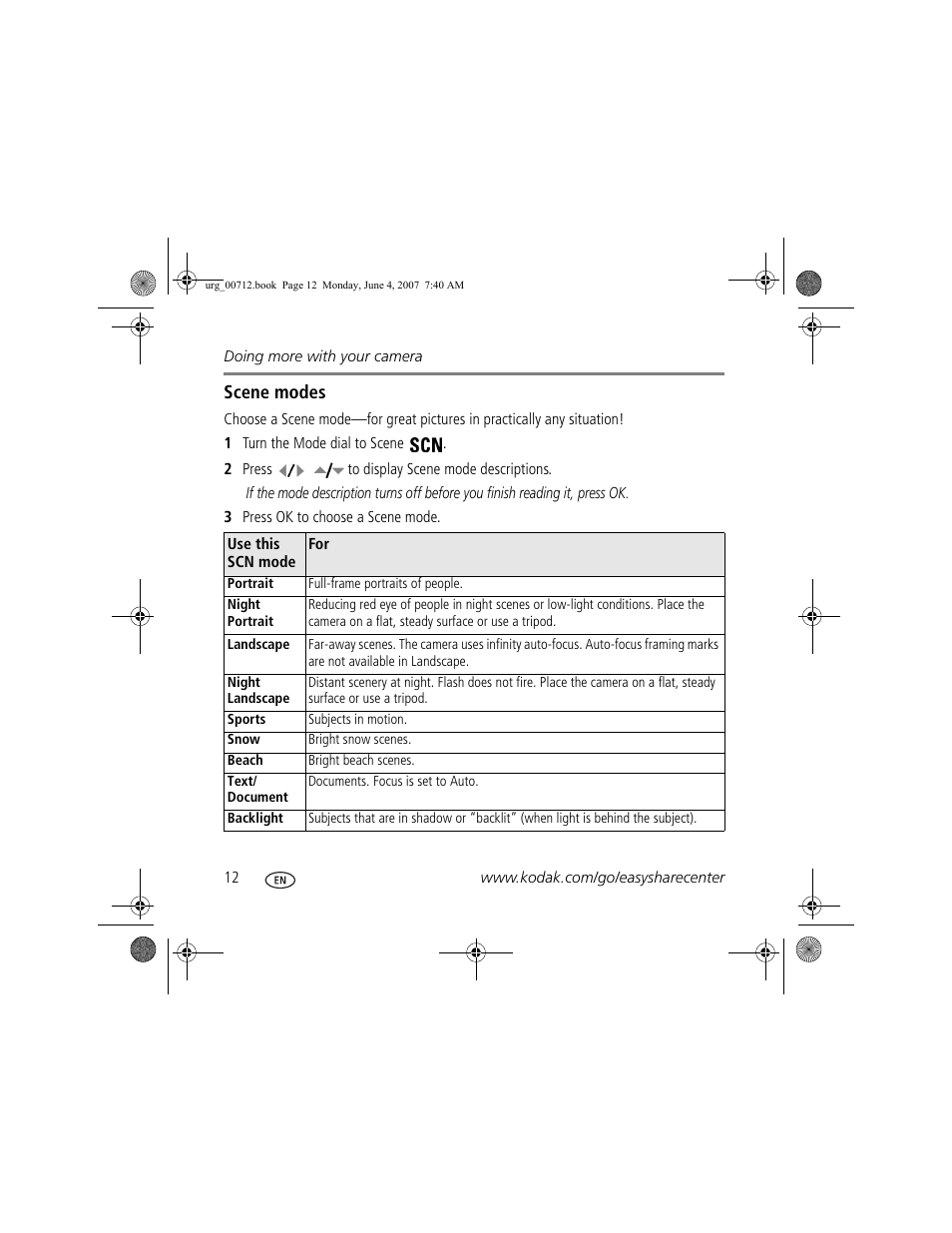 Scene modes | Kodak C613 User Manual | Page 12 / 27