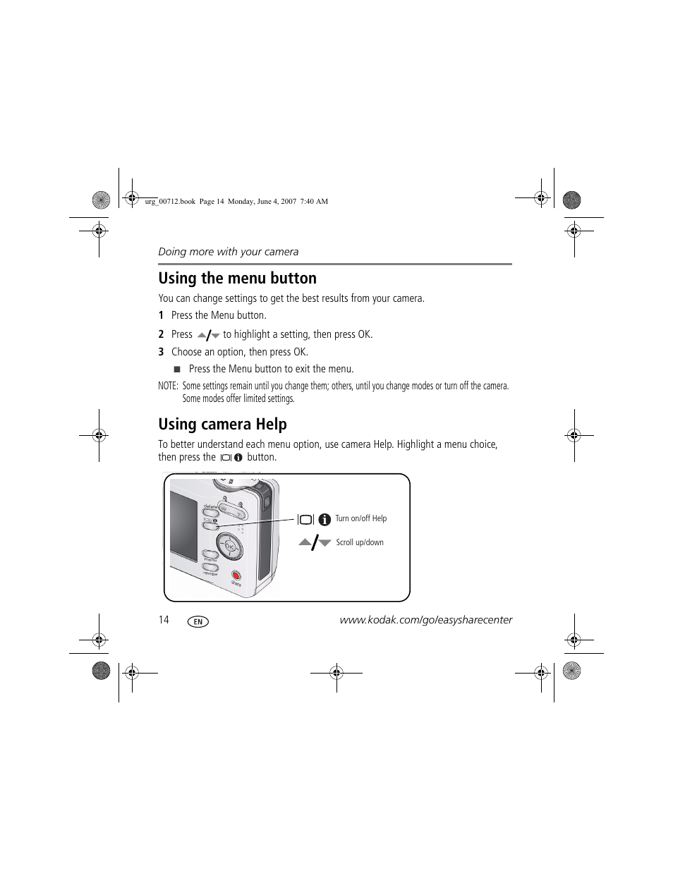 Using the menu button, Using camera help | Kodak C613 User Manual | Page 14 / 27