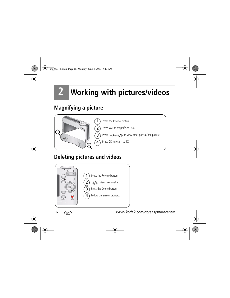 Working with pictures/videos, Magnifying a picture deleting pictures and videos | Kodak C613 User Manual | Page 16 / 27