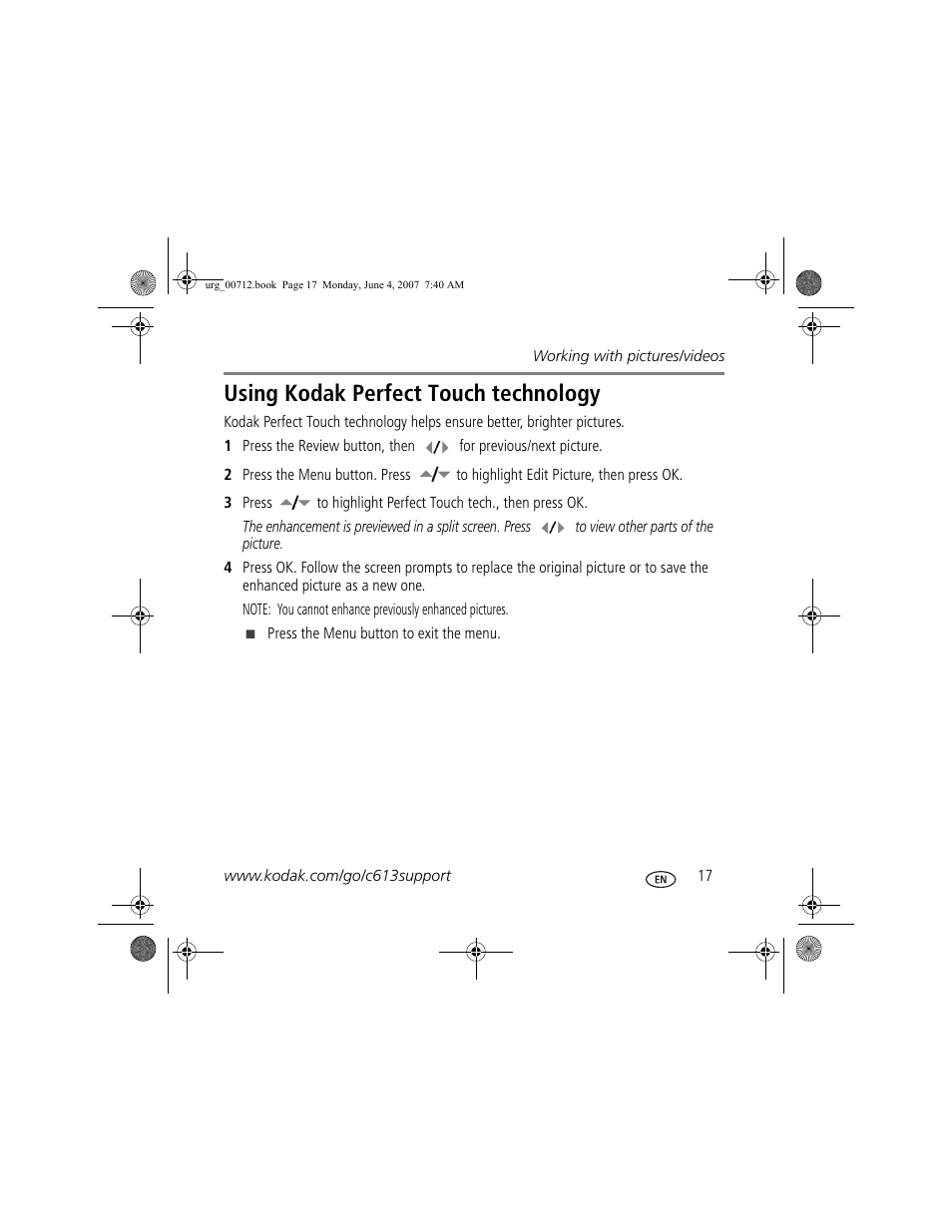 Using kodak perfect touch technology | Kodak C613 User Manual | Page 17 / 27