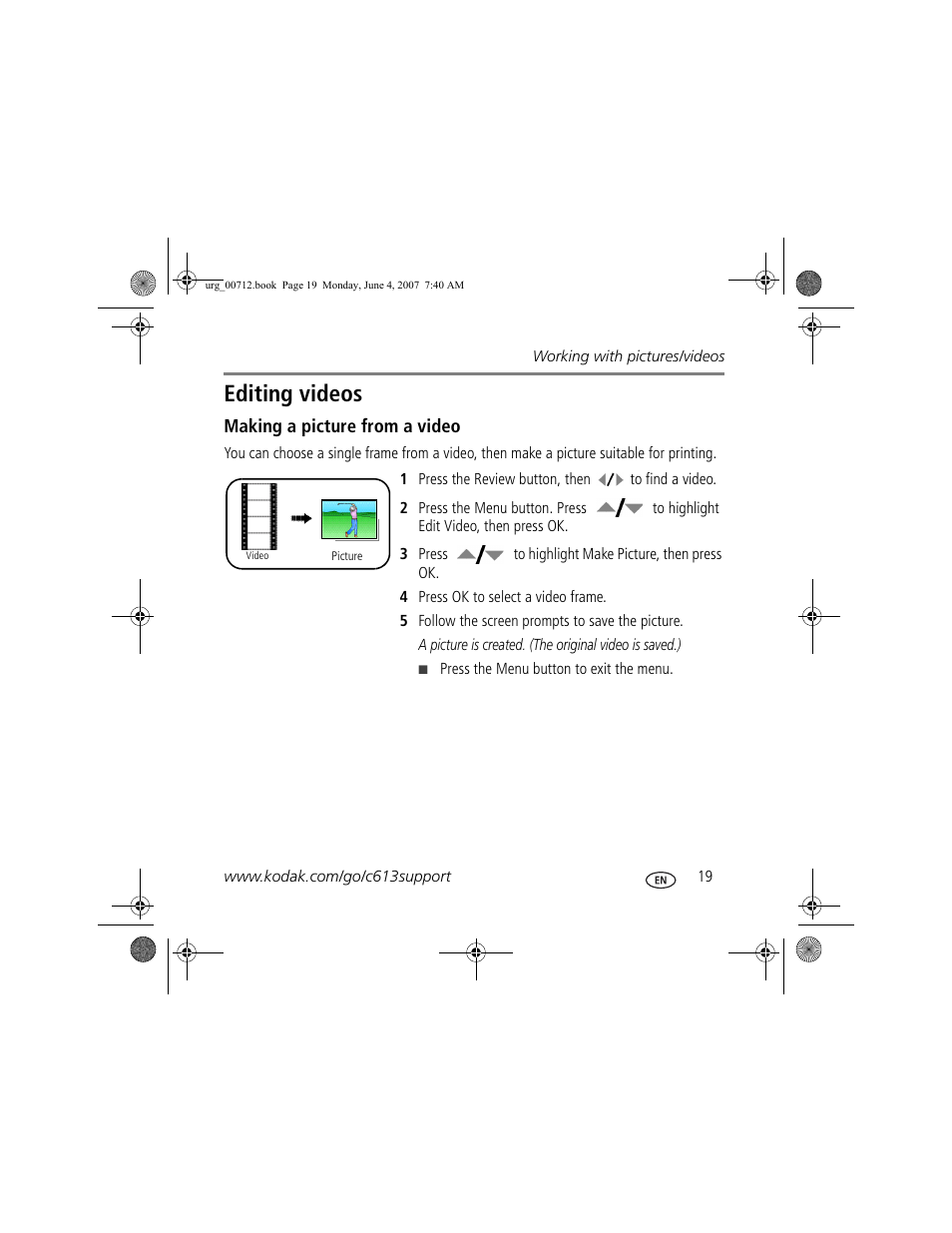 Editing videos | Kodak C613 User Manual | Page 19 / 27