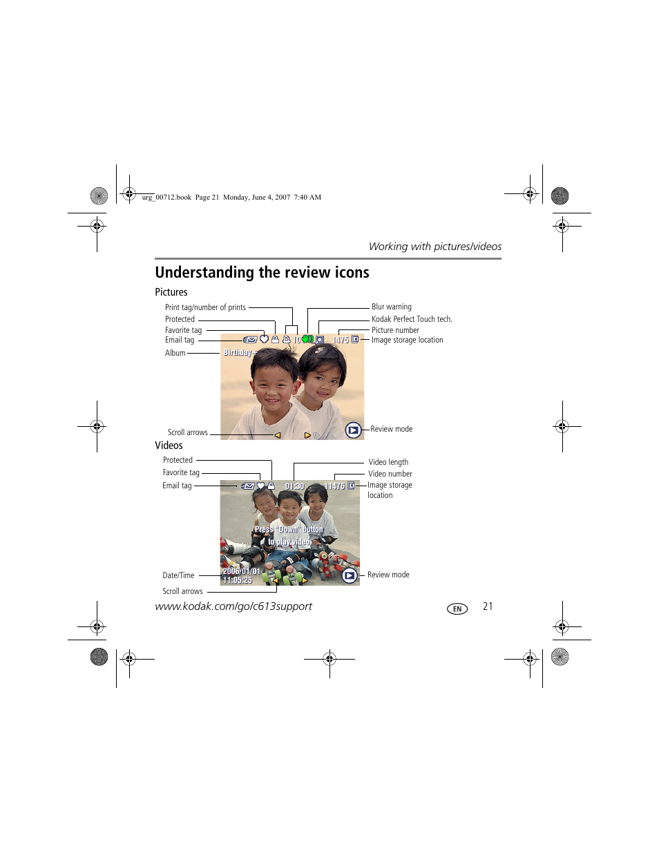 Understanding the review icons | Kodak C613 User Manual | Page 21 / 27