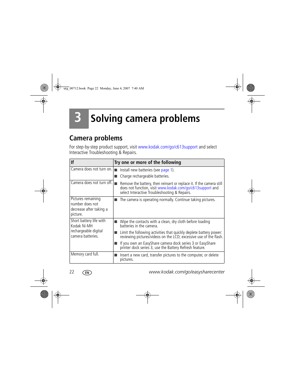 Solving camera problems, Camera problems | Kodak C613 User Manual | Page 22 / 27