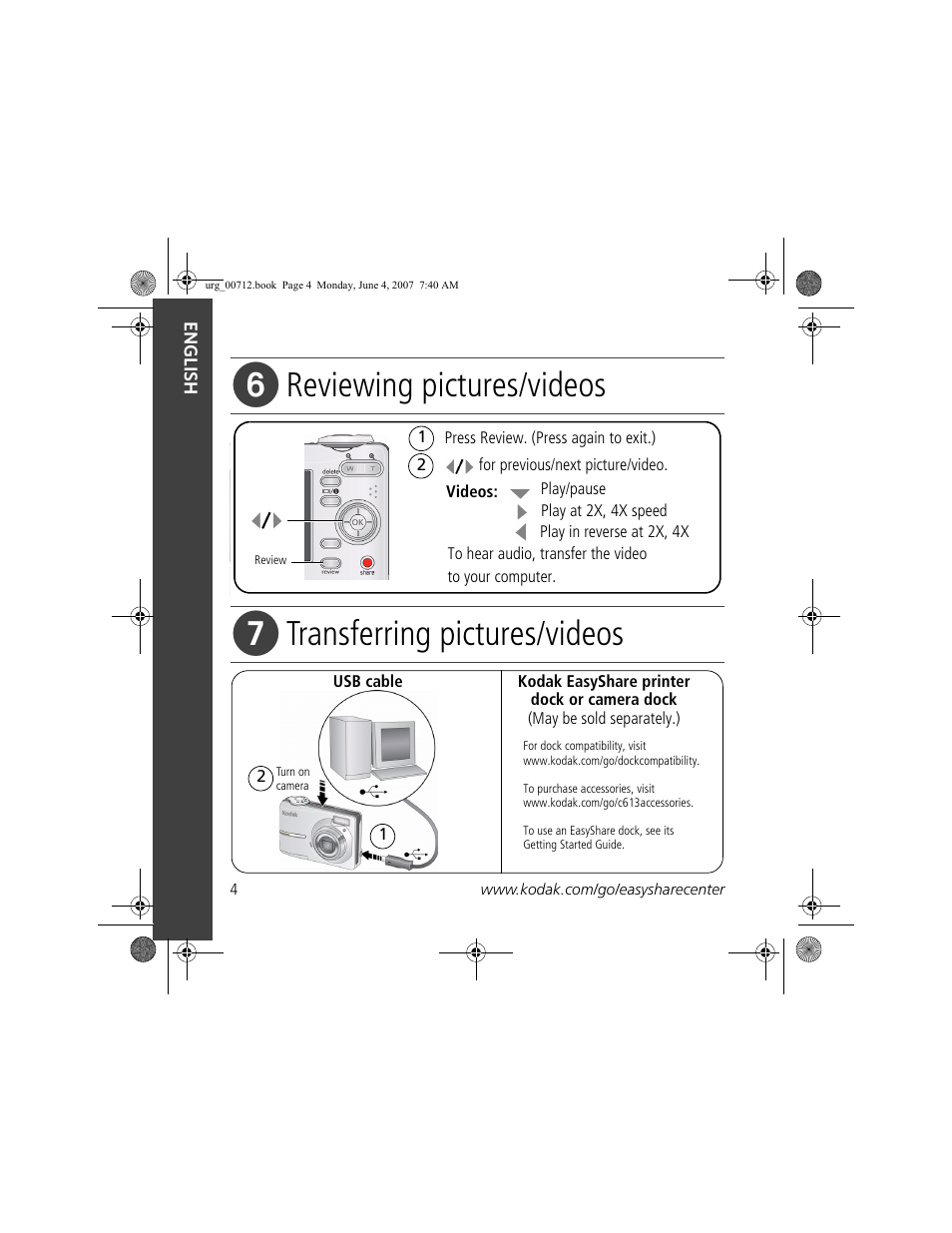 Reviewing pictures/videos, Transferring pictures/videos | Kodak C613 User Manual | Page 4 / 27