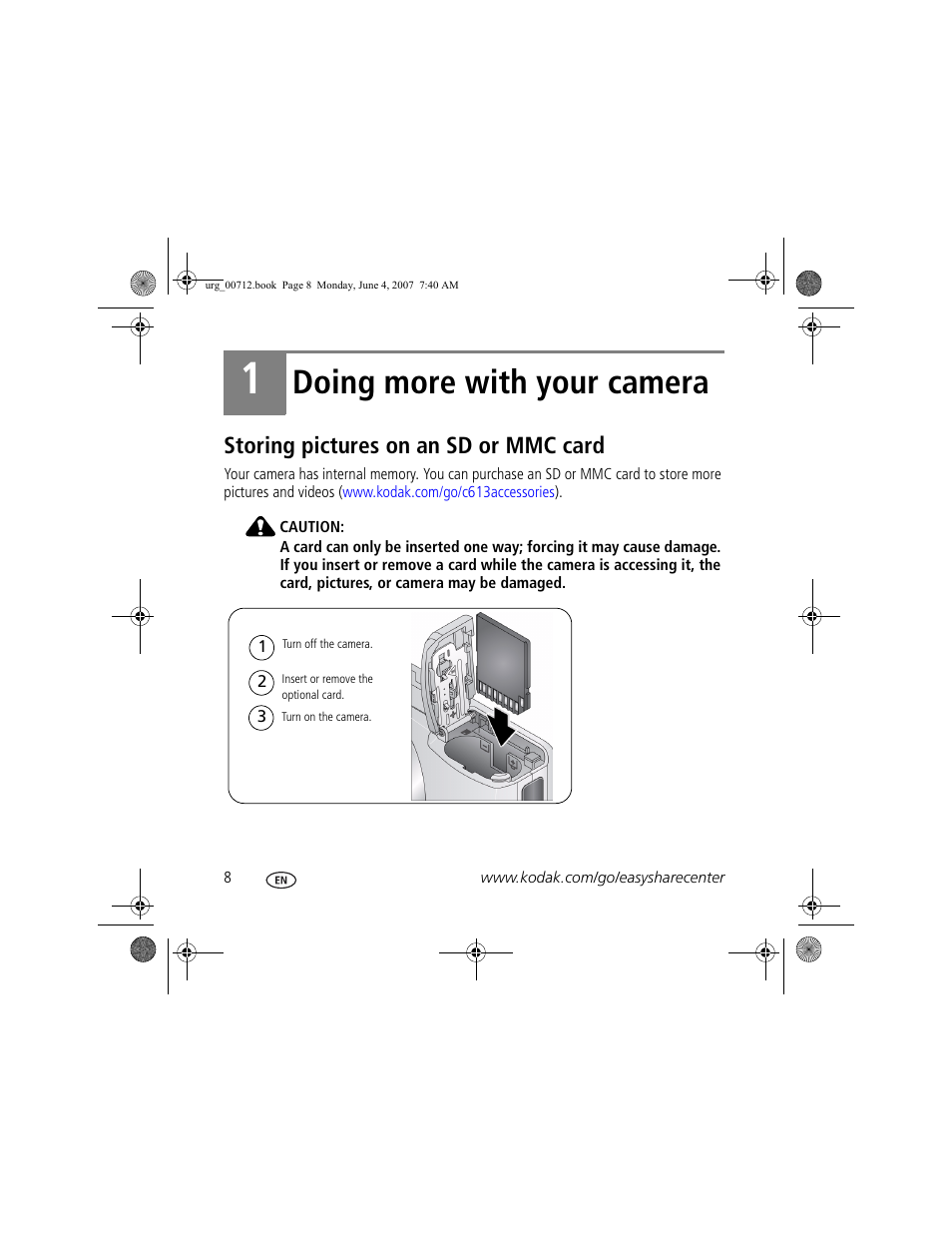 Doing more with your camera, Storing pictures on an sd or mmc card | Kodak C613 User Manual | Page 8 / 27