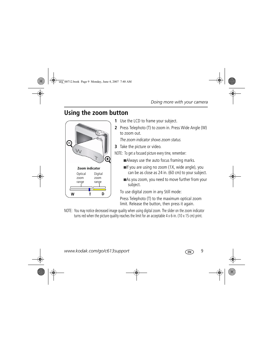 Using the zoom button | Kodak C613 User Manual | Page 9 / 27