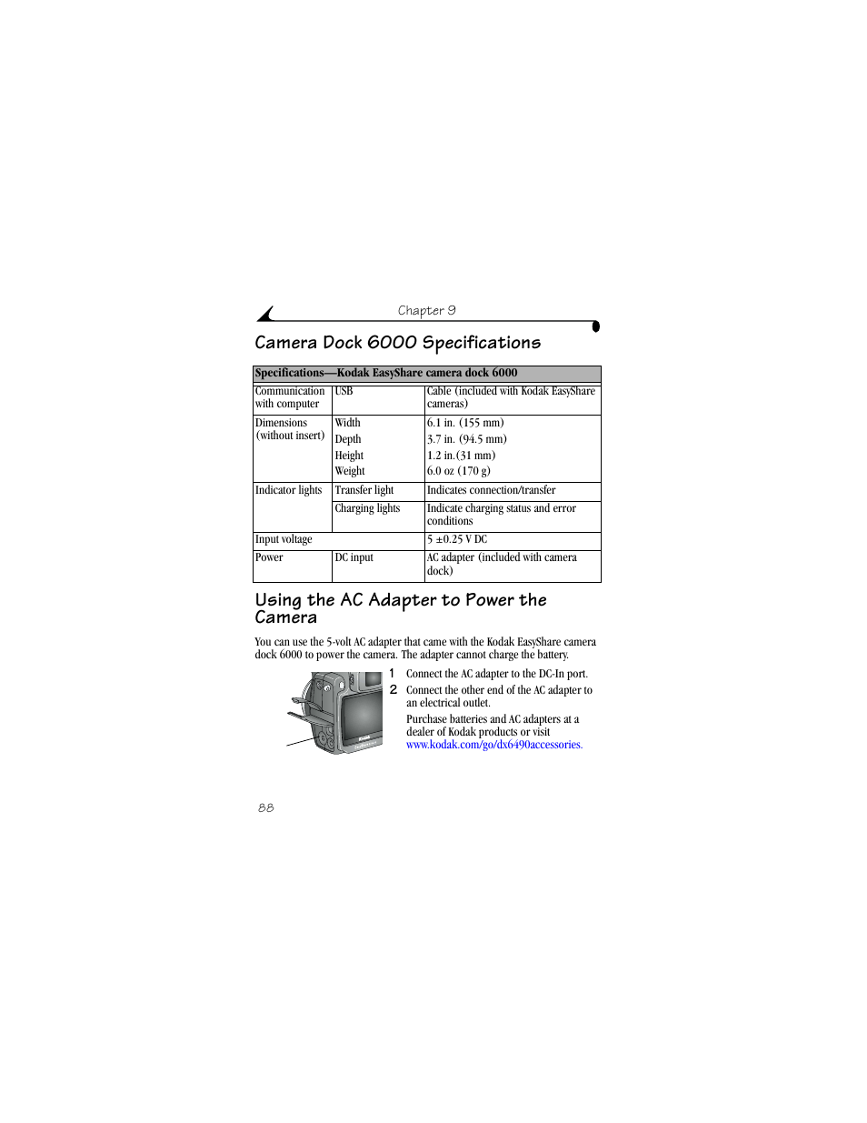 Camera dock 6000 specifications, Using the ac adapter to power the camera | Kodak DX6490 User Manual | Page 100 / 142