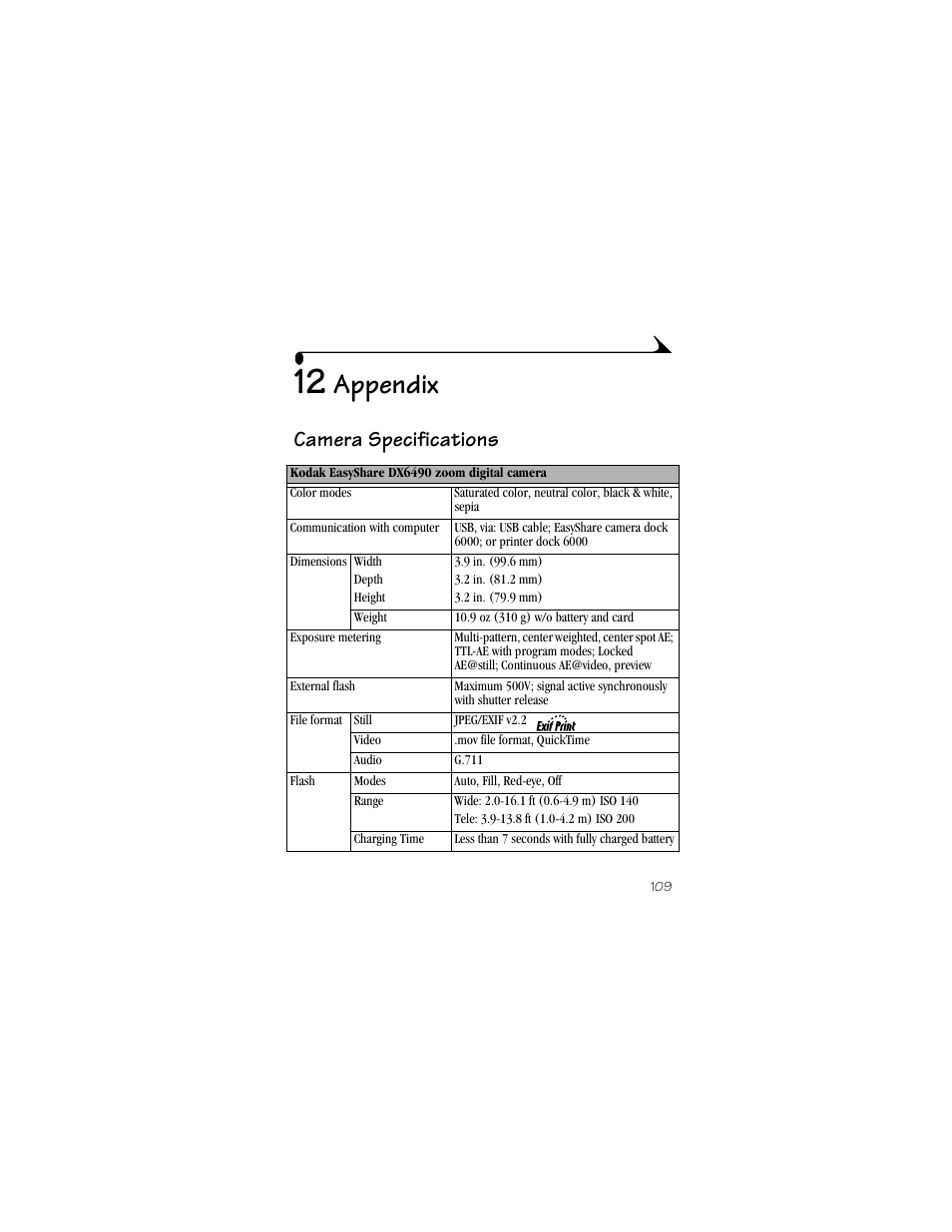 12 appendix, Camera specifications, Appendix | Kodak DX6490 User Manual | Page 121 / 142