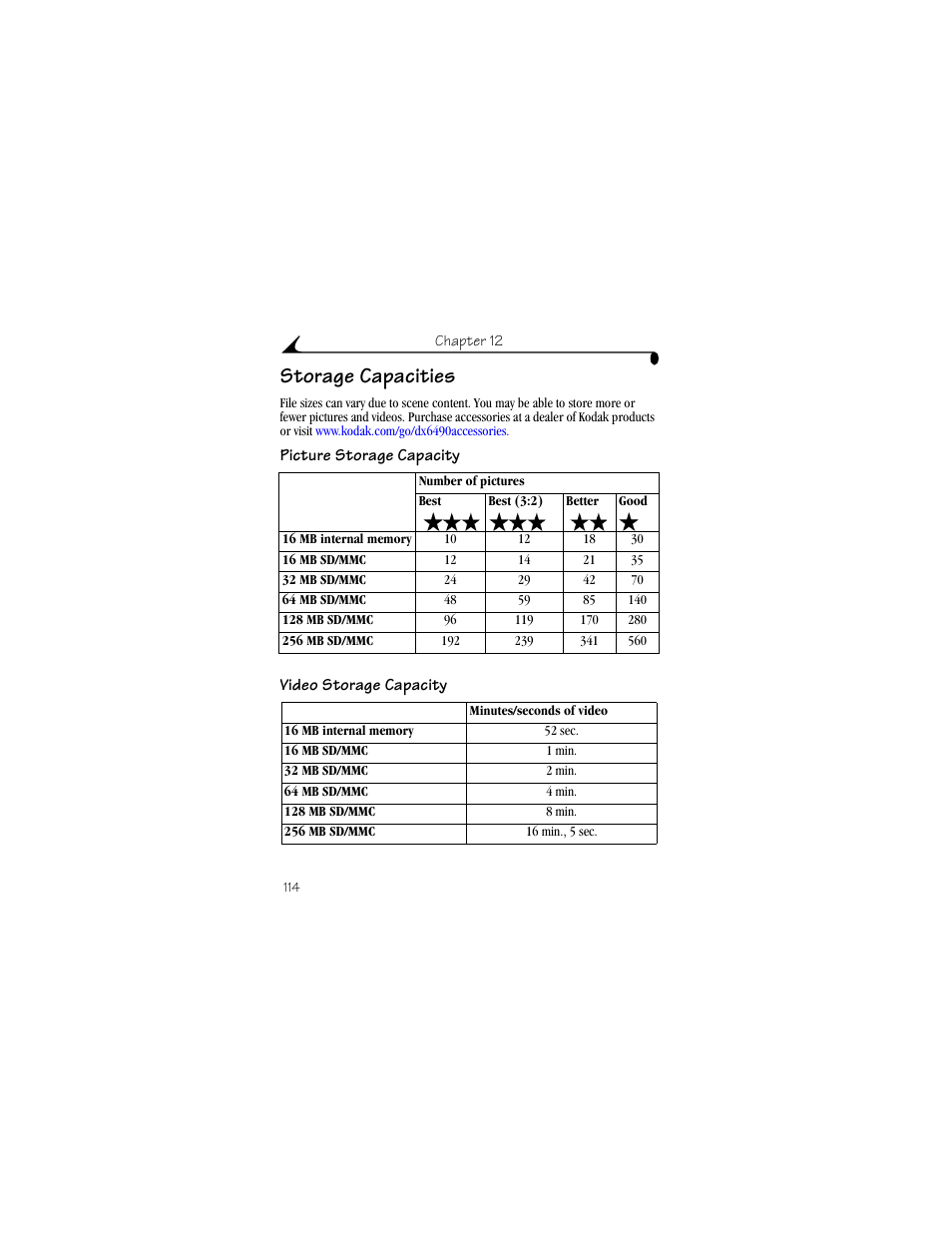 Storage capacities, Picture storage capacity, Video storage capacity | Kodak DX6490 User Manual | Page 126 / 142