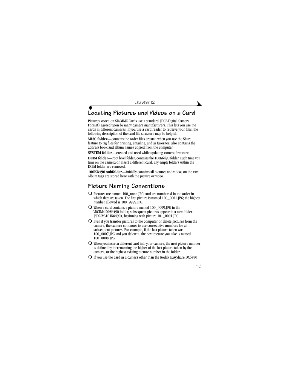 Locating pictures and videos on a card, Picture naming conventions | Kodak DX6490 User Manual | Page 127 / 142