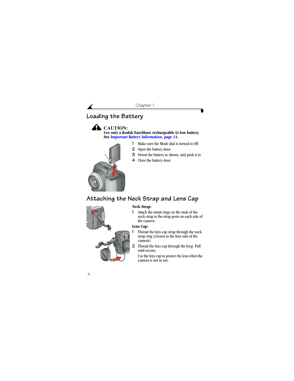 Loading the battery, Attaching the neck strap and lens cap | Kodak DX6490 User Manual | Page 16 / 142