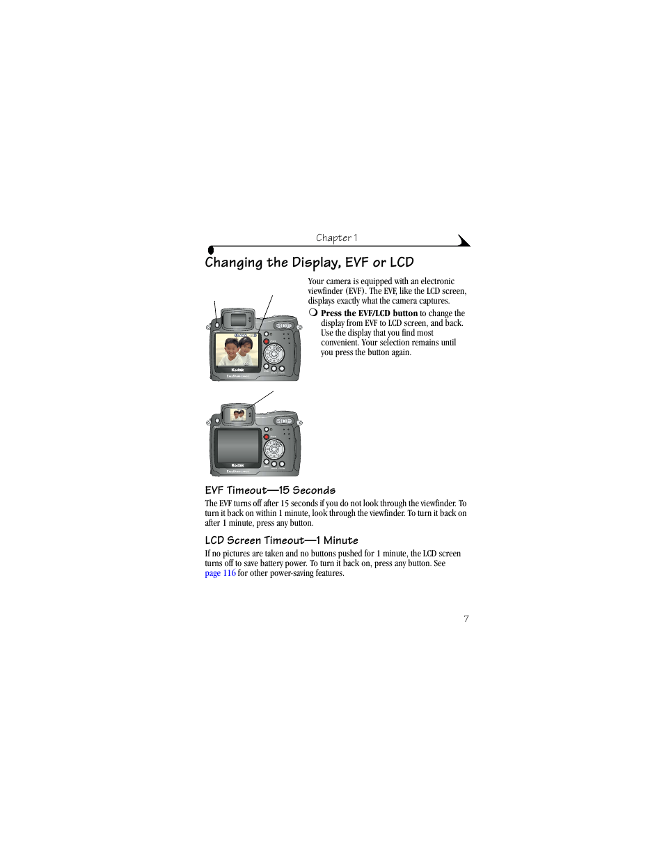 Changing the display, evf or lcd, Evf timeout—15 seconds, Lcd screen timeout—1 minute | Kodak DX6490 User Manual | Page 19 / 142