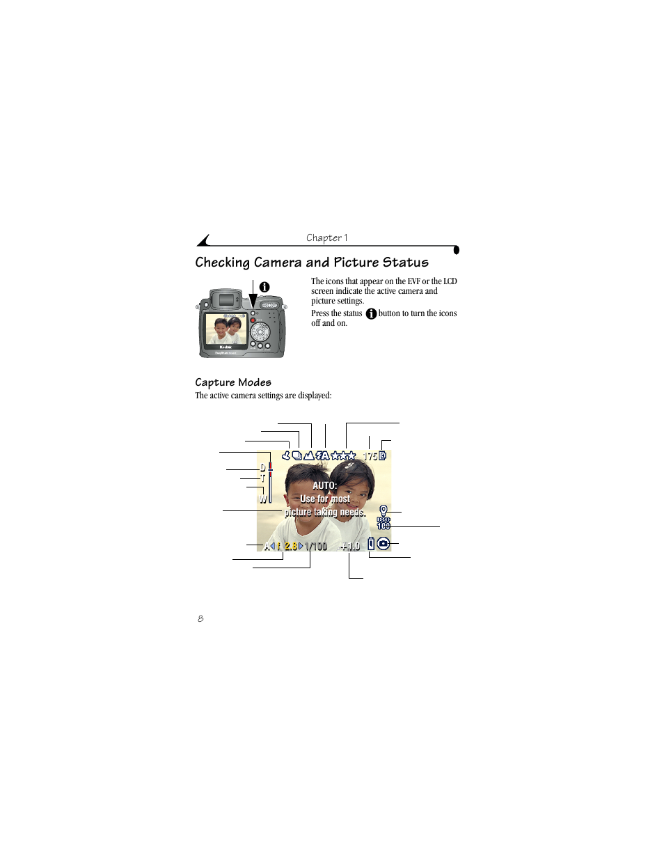 Checking camera and picture status, Capture modes | Kodak DX6490 User Manual | Page 20 / 142