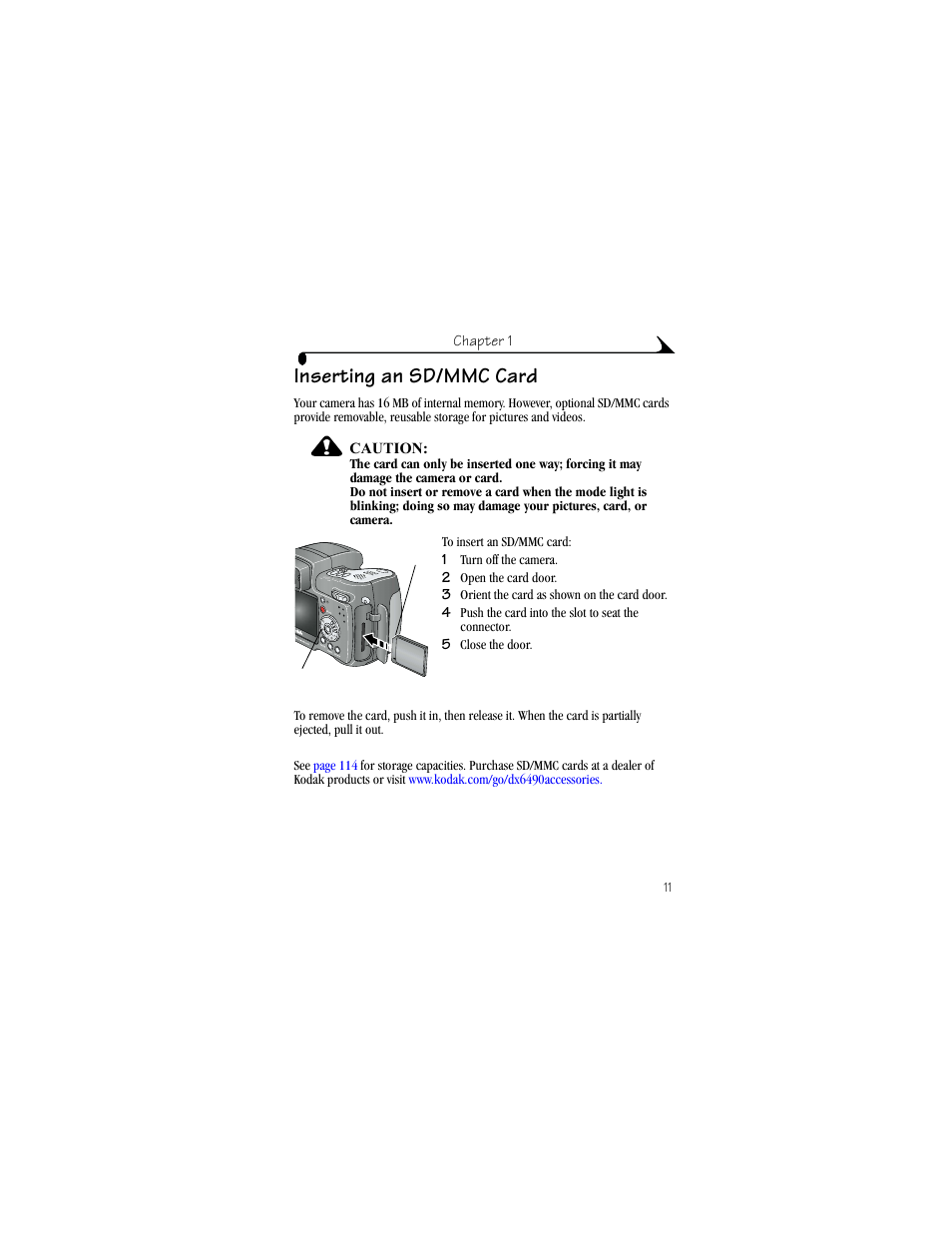 Inserting an sd/mmc card | Kodak DX6490 User Manual | Page 23 / 142