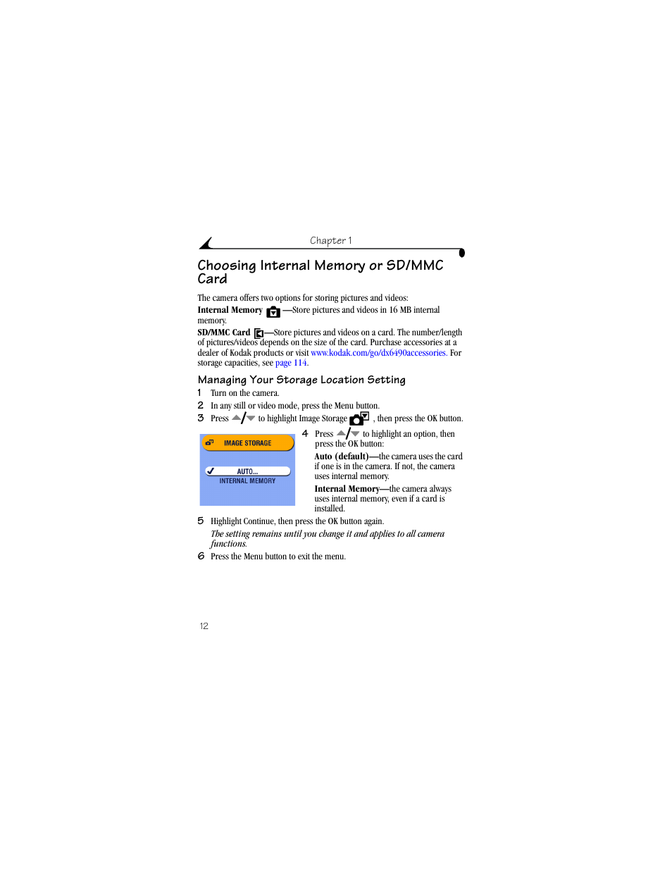 Choosing internal memory or sd/mmc card, Managing your storage location setting | Kodak DX6490 User Manual | Page 24 / 142