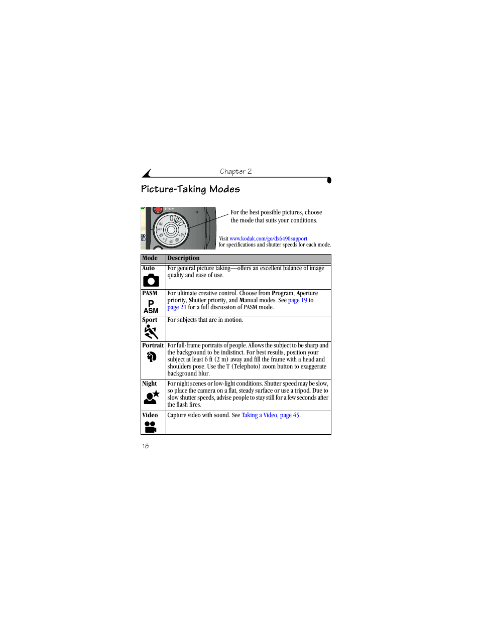 Picture-taking modes | Kodak DX6490 User Manual | Page 30 / 142