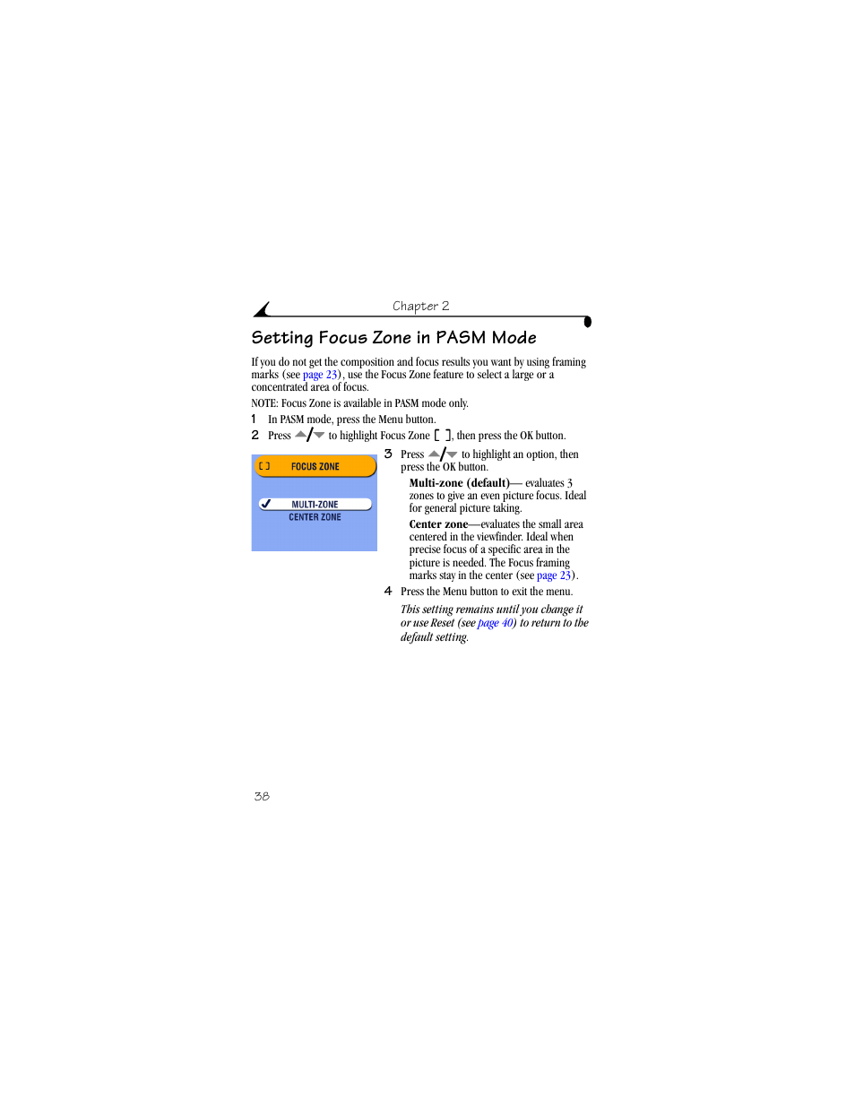 Setting focus zone in pasm mode | Kodak DX6490 User Manual | Page 50 / 142