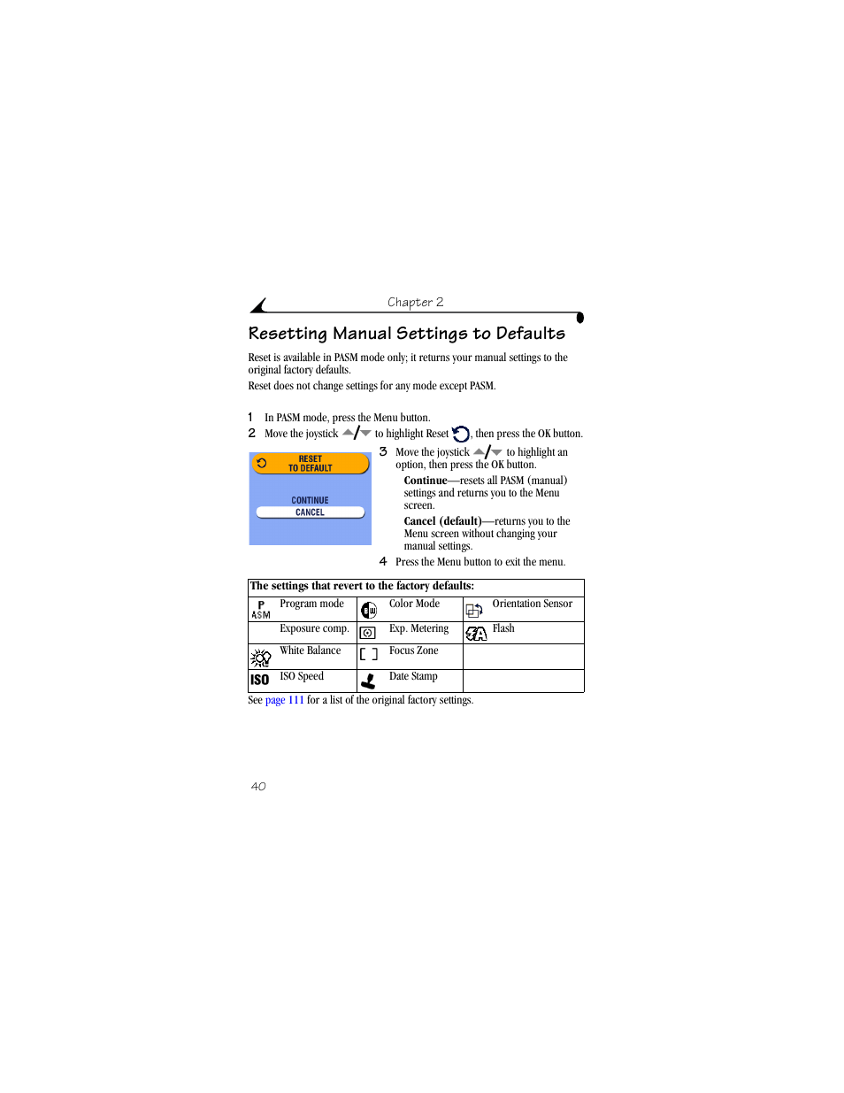 Resetting manual settings to defaults | Kodak DX6490 User Manual | Page 52 / 142