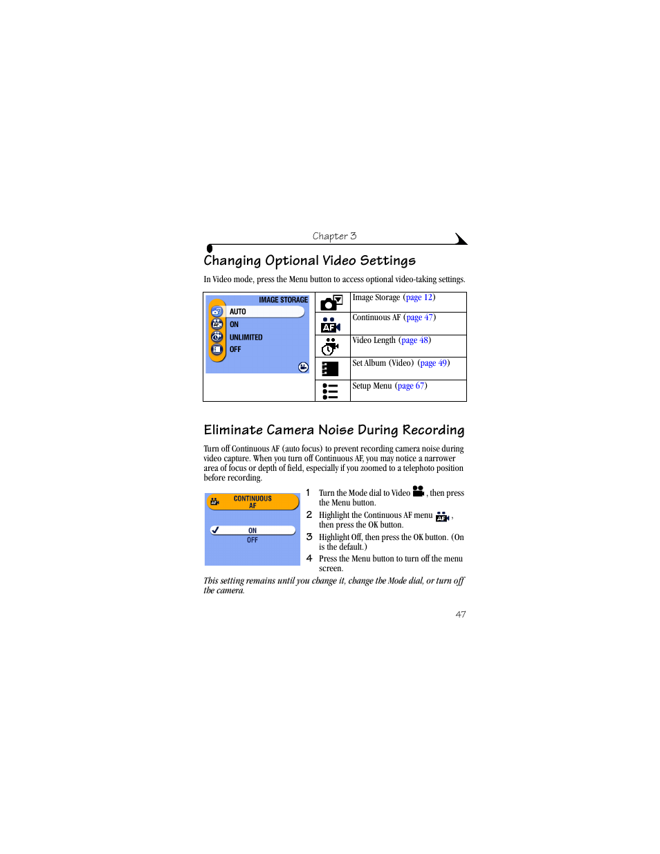 Changing optional video settings, Eliminate camera noise during recording | Kodak DX6490 User Manual | Page 59 / 142