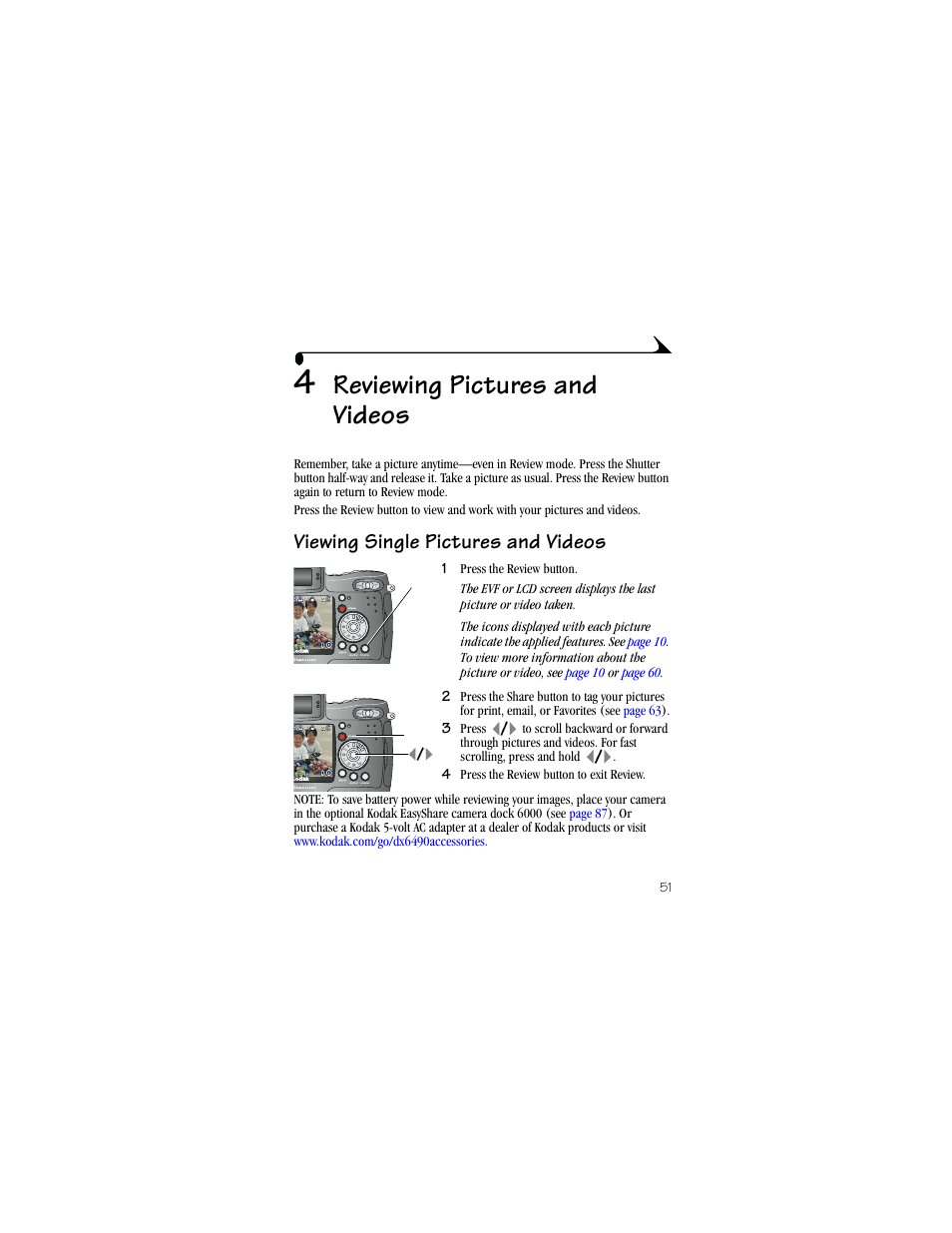 4 reviewing pictures and videos, Viewing single pictures and videos, Reviewing pictures and videos | Kodak DX6490 User Manual | Page 63 / 142