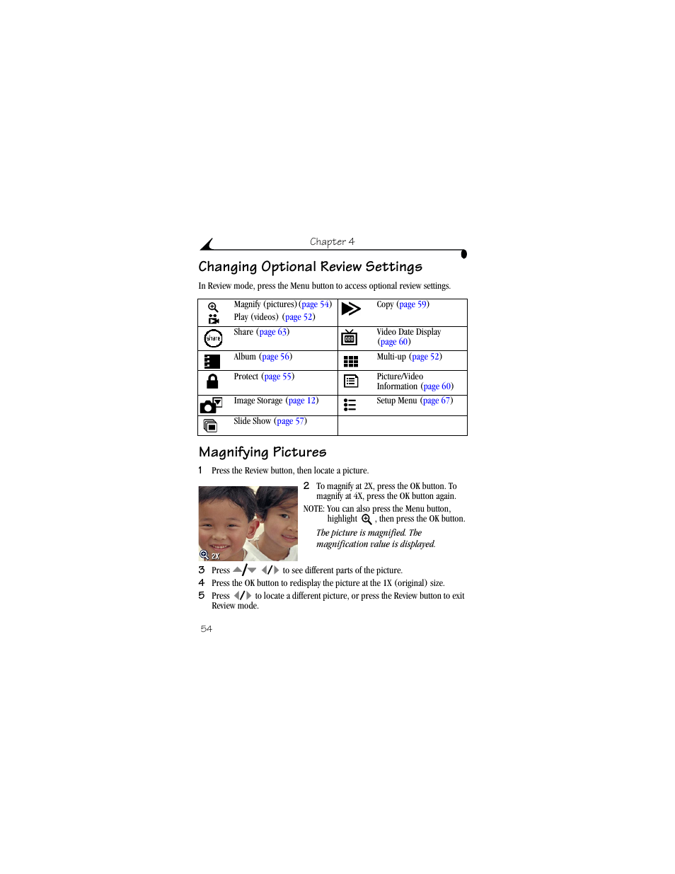 Changing optional review settings, Magnifying pictures | Kodak DX6490 User Manual | Page 66 / 142