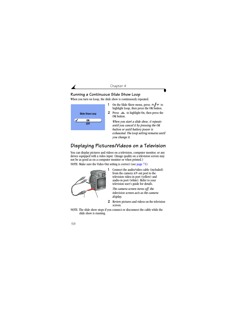 Running a continuous slide show loop, Displaying pictures/videos on a television | Kodak DX6490 User Manual | Page 70 / 142