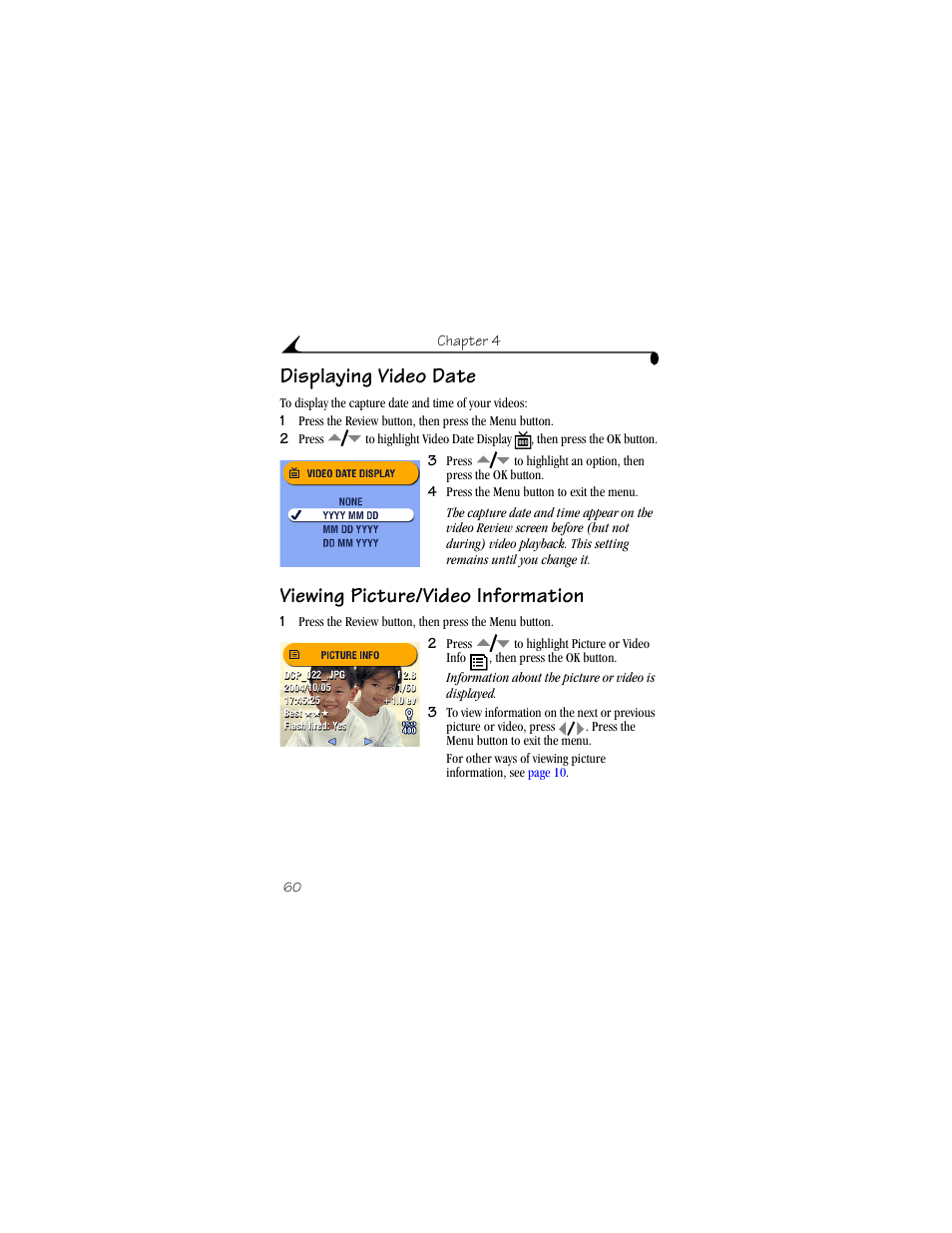 Displaying video date, Viewing picture/video information | Kodak DX6490 User Manual | Page 72 / 142