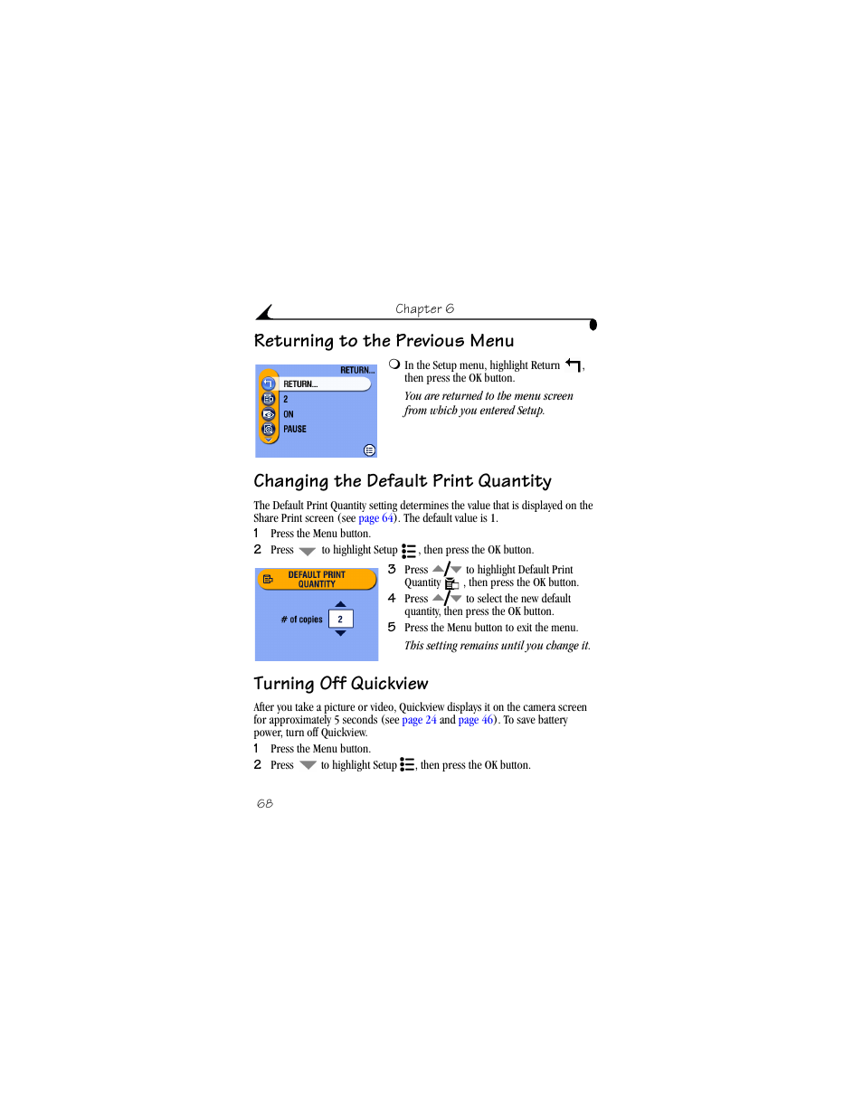 Returning to the previous menu, Changing the default print quantity, Turning off quickview | Kodak DX6490 User Manual | Page 80 / 142