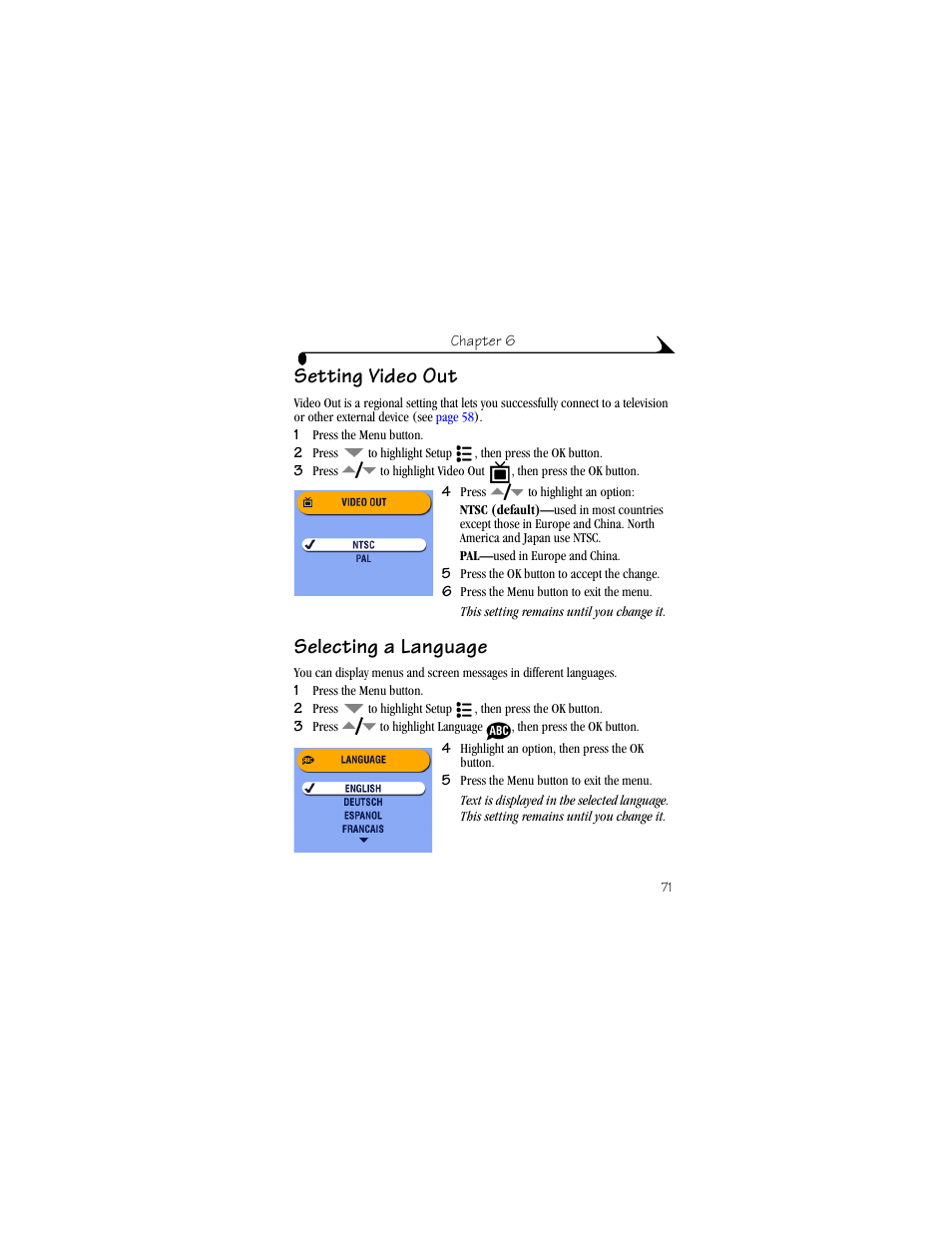 Setting video out, Selecting a language, Setting video out selecting a language | Kodak DX6490 User Manual | Page 83 / 142