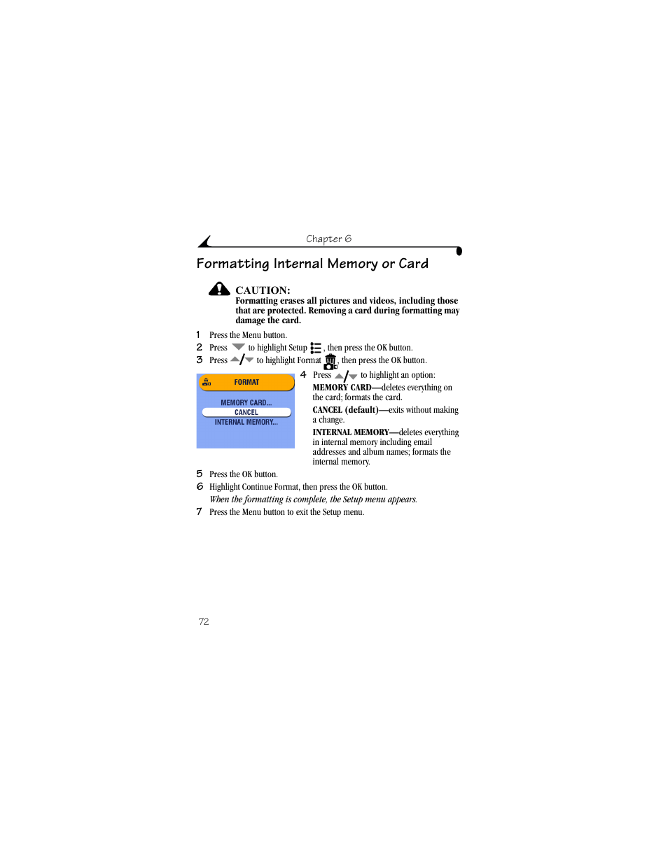 Formatting internal memory or card | Kodak DX6490 User Manual | Page 84 / 142