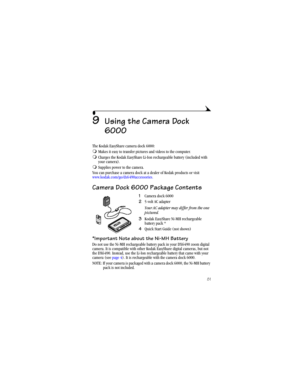 9 using the camera dock 6000, Camera dock 6000 package contents, Important note about the ni-mh battery | See chapter 9, using the camera dock 6000, Using the camera dock 6000 | Kodak DX6490 User Manual | Page 93 / 142