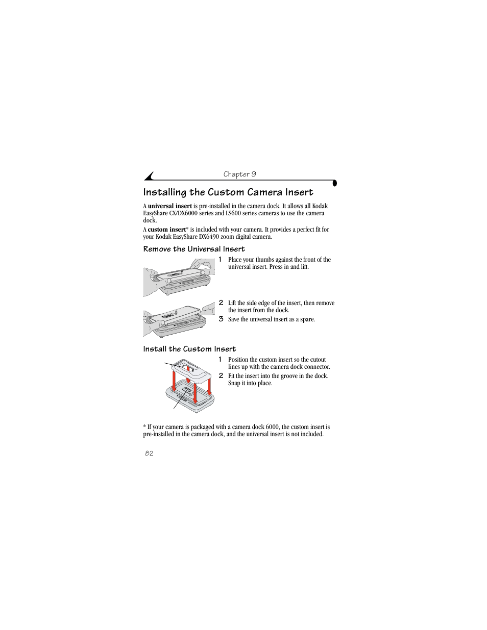 Installing the custom camera insert, Remove the universal insert, Install the custom insert | Kodak DX6490 User Manual | Page 94 / 142