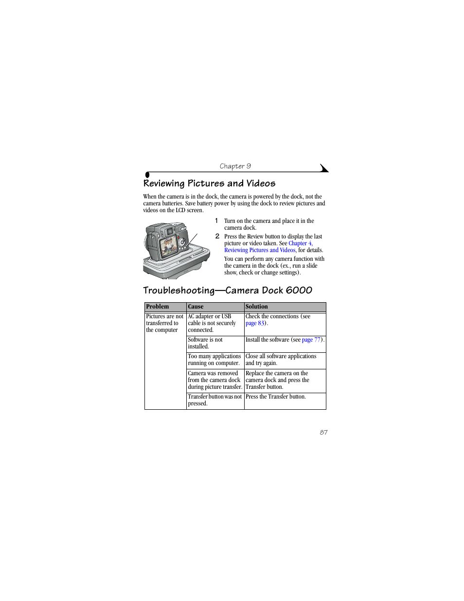 Reviewing pictures and videos, Troubleshooting—camera dock 6000 | Kodak DX6490 User Manual | Page 99 / 142