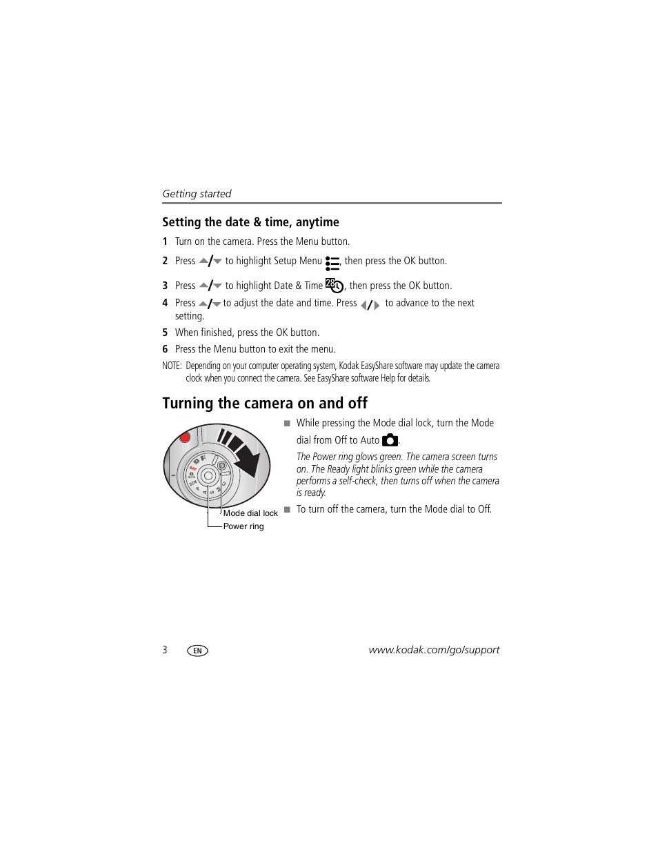 Setting the date & time, anytime, Turning the camera on and off | Kodak Z730 User Manual | Page 10 / 79