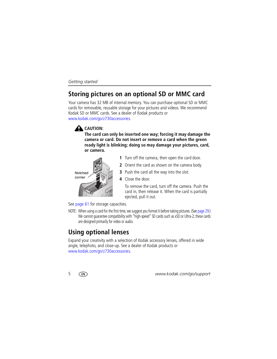 Storing pictures on an optional sd or mmc card, Using optional lenses | Kodak Z730 User Manual | Page 12 / 79