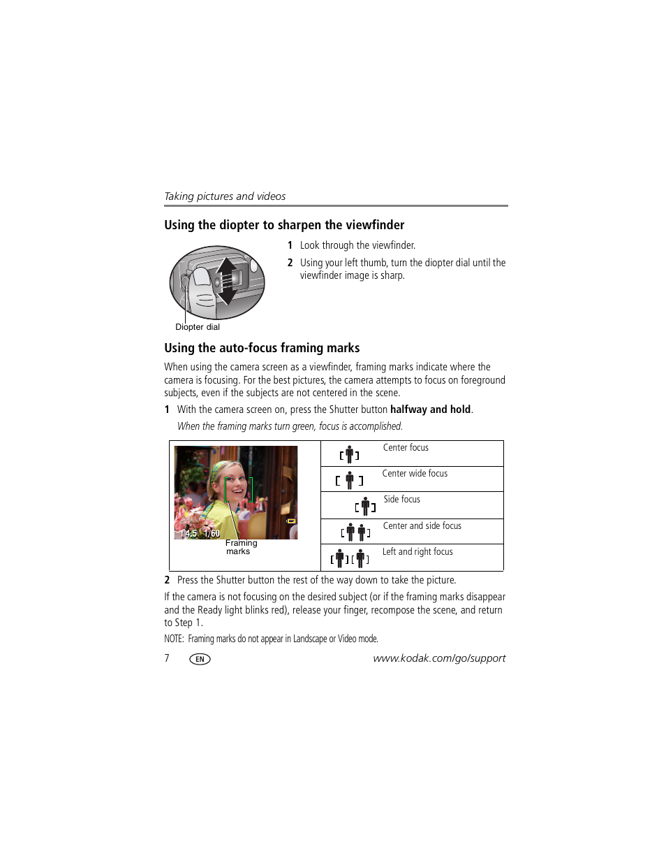 Using the diopter to sharpen the viewfinder, Using the auto-focus framing marks | Kodak Z730 User Manual | Page 14 / 79