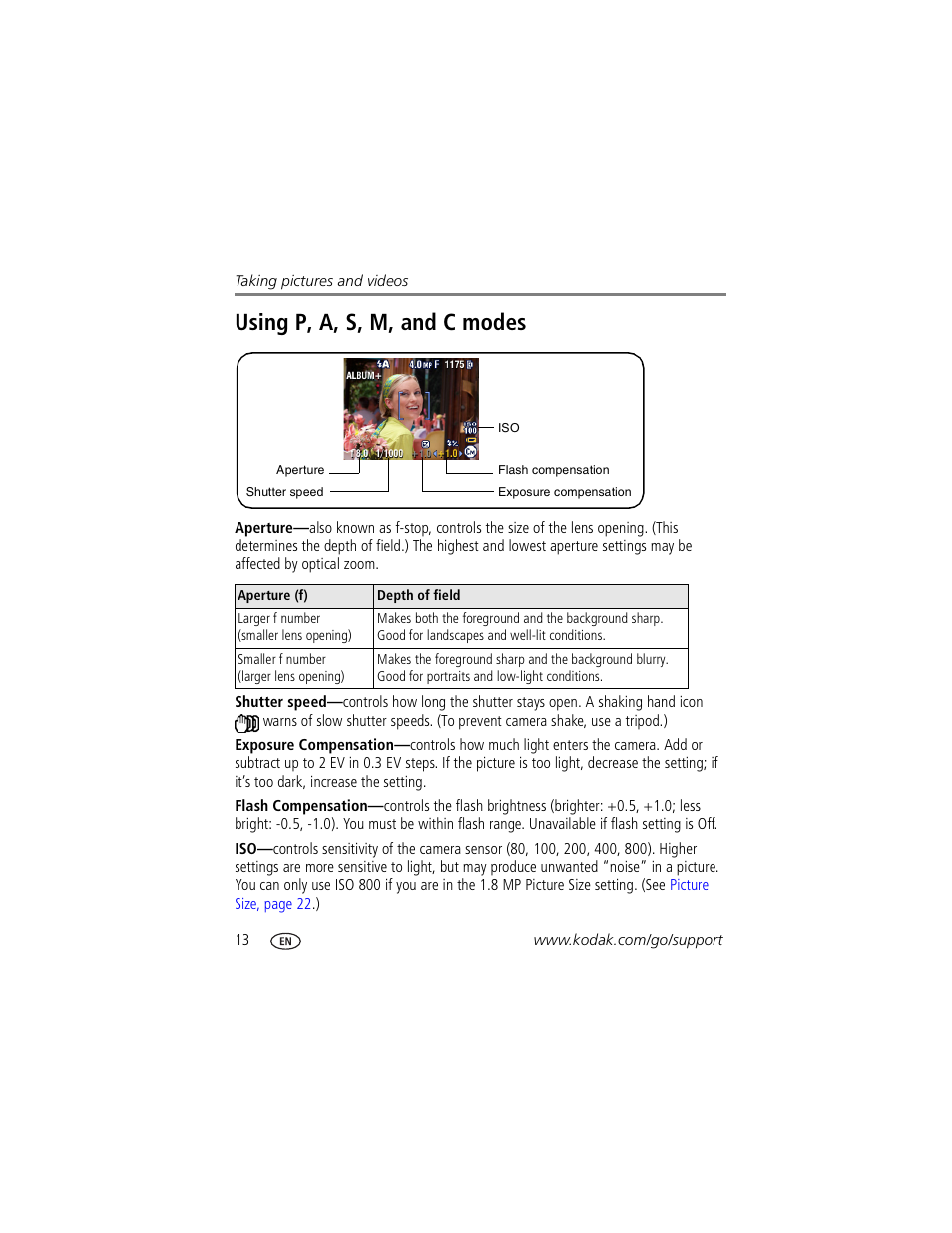 Using p, a, s, m, and c modes | Kodak Z730 User Manual | Page 20 / 79