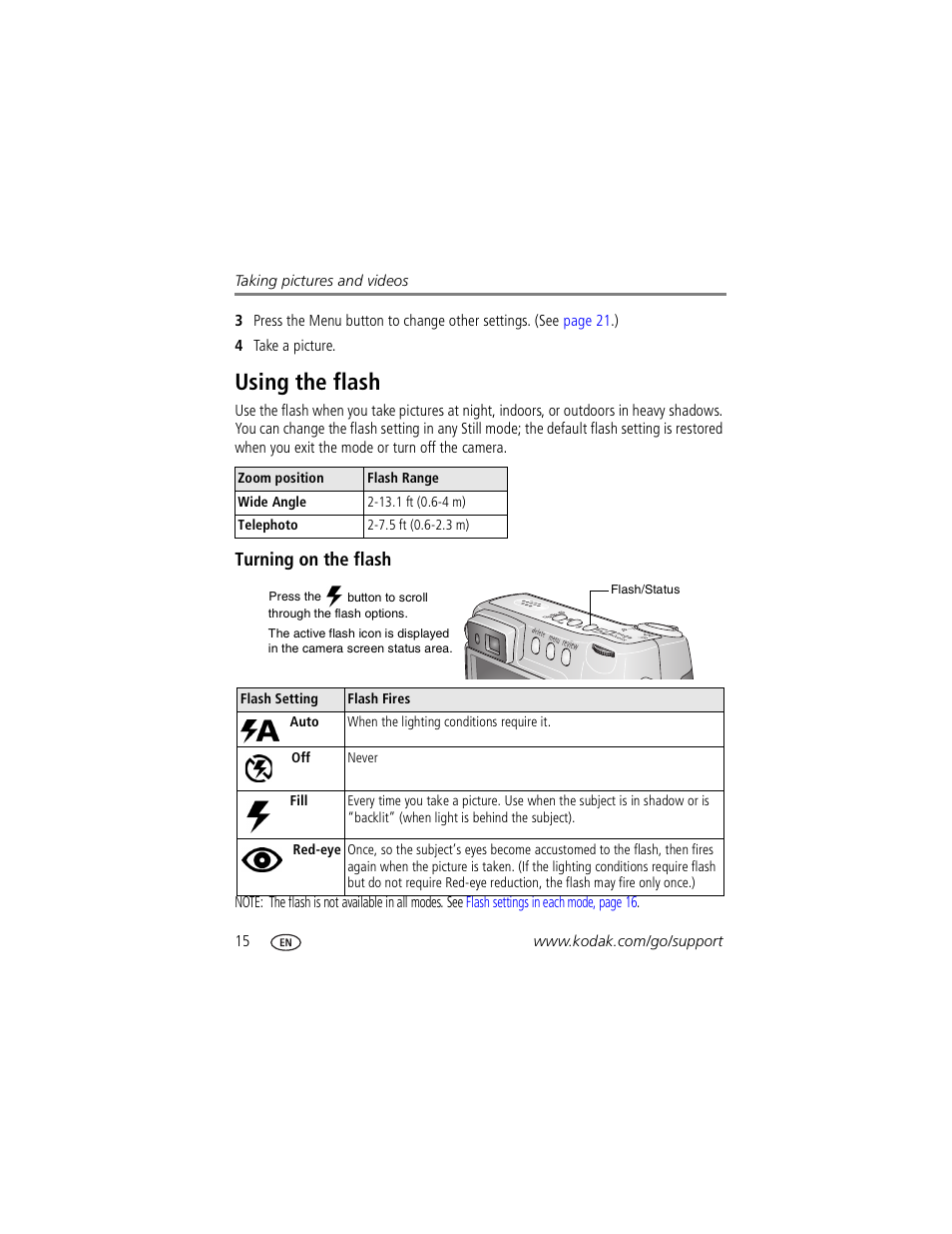 Using the flash, Turning on the flash | Kodak Z730 User Manual | Page 22 / 79