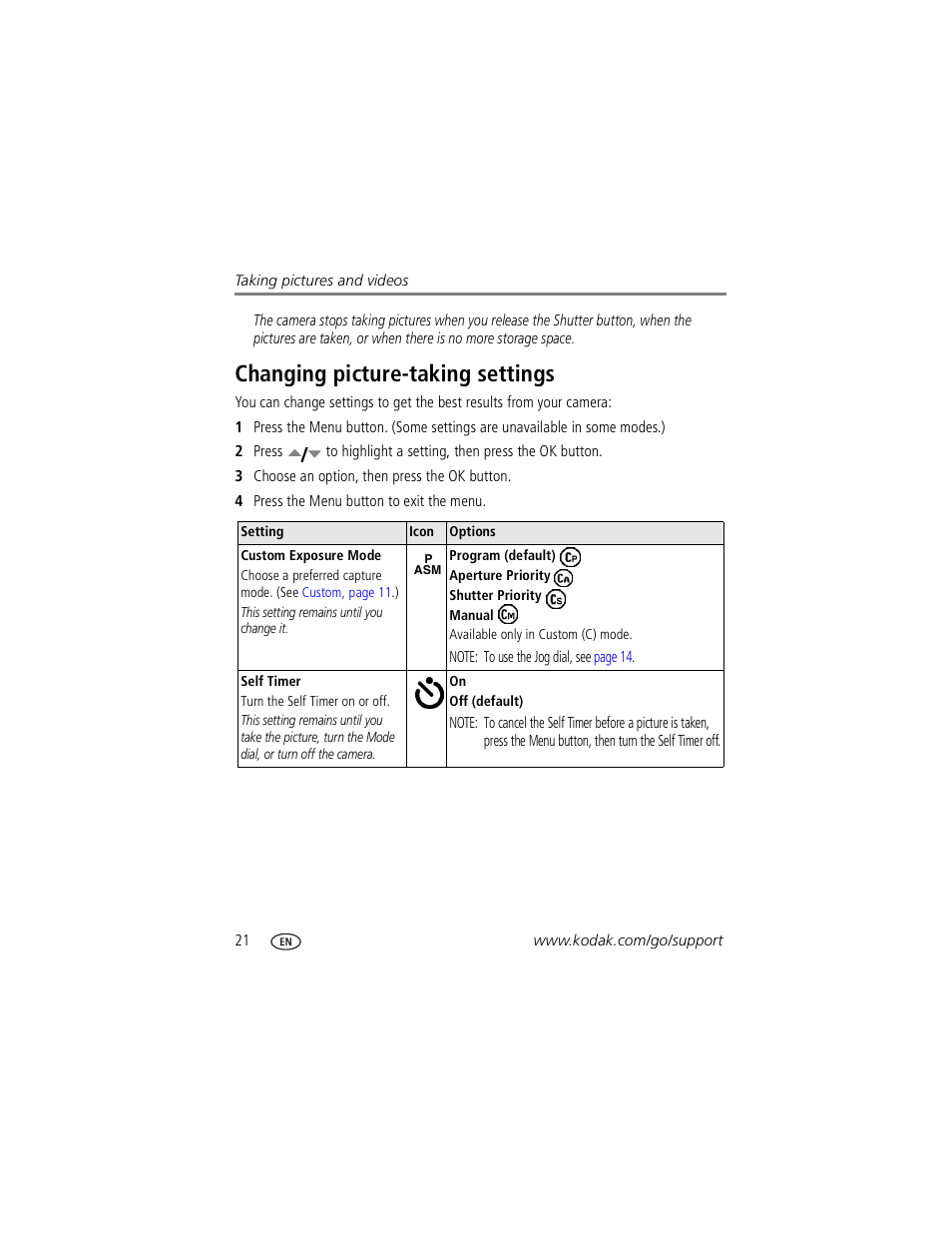 Changing picture-taking settings, Custom exposure mode | Kodak Z730 User Manual | Page 28 / 79